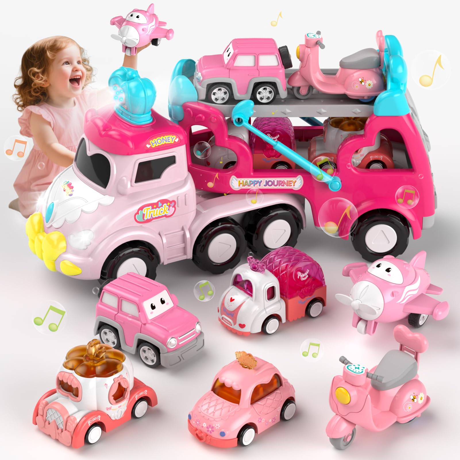 usrela Juguetes para niños de 1, 2 y 3 años, camión con 6 juguetes de auto de tracción, transportador 7 en 1 con luz y música, juego de vehículo regalo para niños pequeños de 1 a 3 años, regalo de — view 8