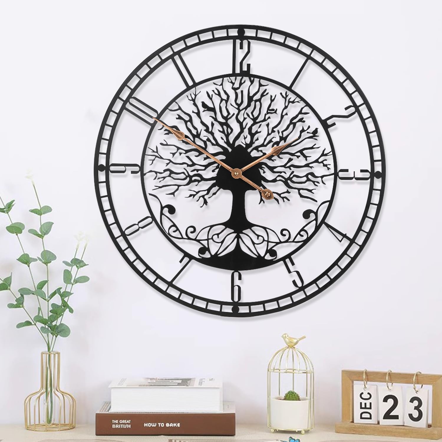 Dankeit Tree of Life Wall Clock, 24inch Black Metal Wall Clock, Silent Quartz Movement, Modern Home Decor