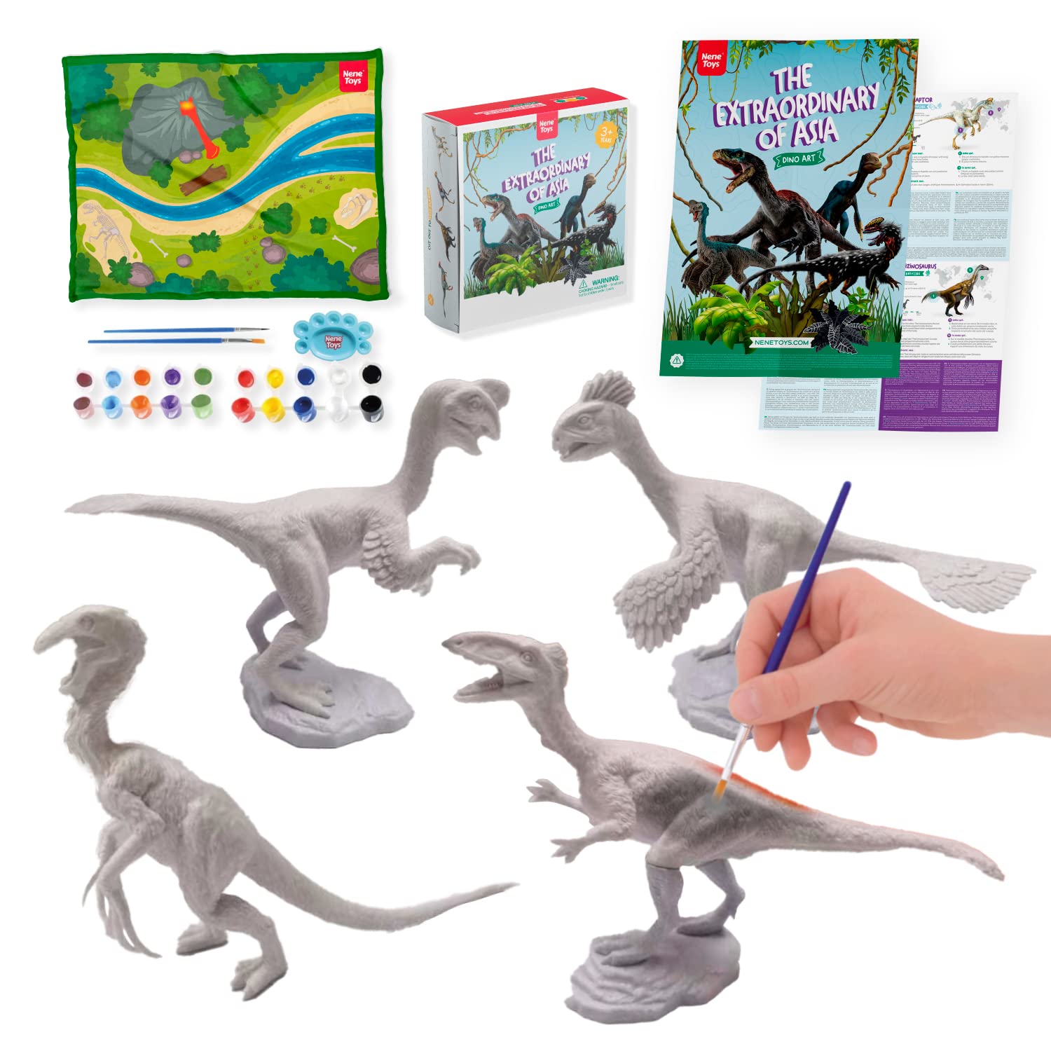 Nene Toys Dinosaur Painting Kit for Kids 3-7 Years [The Extraordinary of Asia] – Art Paint Set with 4 Dinosaurs, 2 Paint Sets, 2 Brushes, Educational Poster and Playmat – Toys to Paint Crafts
