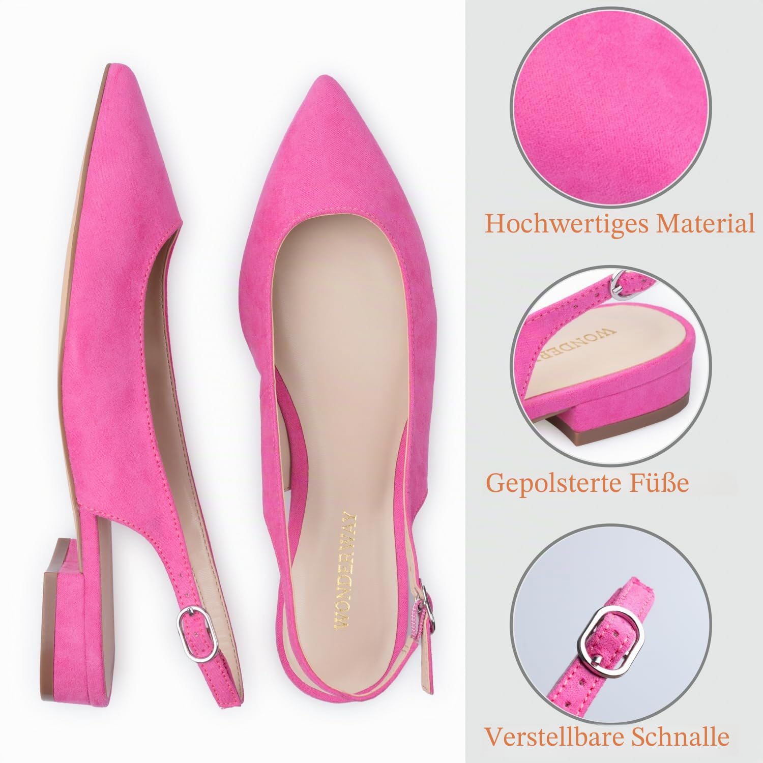 WONDERWAY Damen Slingback Flache Schuhe mit Spitzkappe für schick, lässig, Arbeit, Hochzeit, Pink, 39 EU