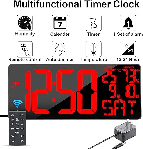 Miniatura 7 de Reloj de pared digital extra grande de 18 pulgadas con control remoto, reloj digital de atenuación automática con fechatemperaturasemana, DST,