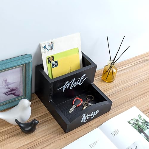 Miniatura 4 de MyGift Urban Modern - Soporte para correo y bandeja organizadora de llaves en acabado de madera maciza teñida de negro, almacenamiento de entrada