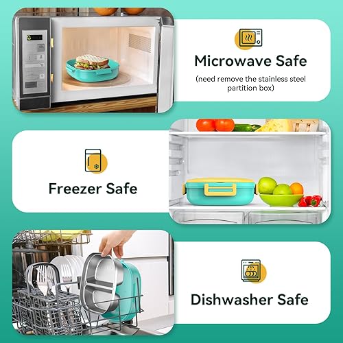 Miniatura 9 de Caja Bento de acero inoxidable para niños, a prueba de fugas, 3 compartimentos, lonchera con cubiertos portátiles, tamaños de porciones ideales para