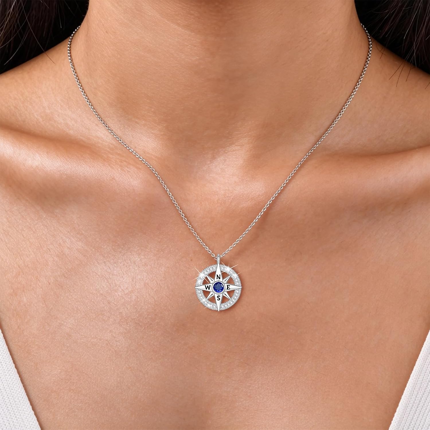 Compass Necklaces for Women Birthstone Jewelry - S925 Sterling Silver New Zircon Pendant Adjustable Gifts for Wife Girlfriend Presents Anniversary Birthday Graduation Valentine Wedding