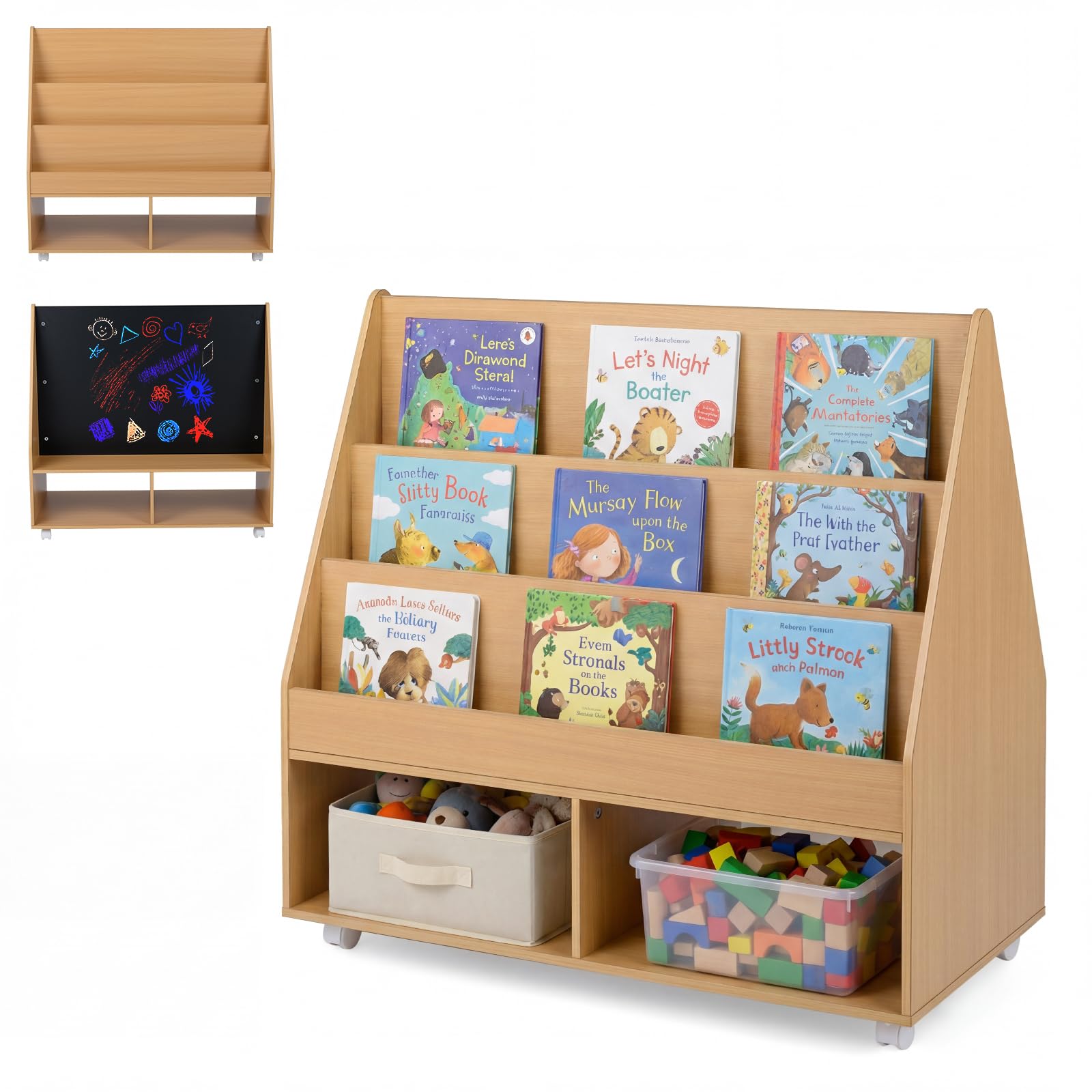 COSTWAY Libreria Montessoriana per Bambini, Scaffale per Giocattoli in Legno con Lavagna e 5 Ruote, Libreria a 3 Ripiani e Scomparti, per Cameretta e Asilo Nido, 90 x 45,5 x 87 cm (Naturale)
