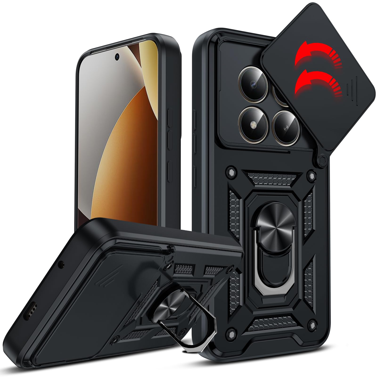 LeYi Etui na telefon komórkowy Redmi Note 15 Pro 5G [2 folie ochronne ze szkła hartowanego] ochrona aparatu, hybrydowe etui ochronne, metalowy stojak, wojskowy pokrowiec na telefon komórkowy, czarne