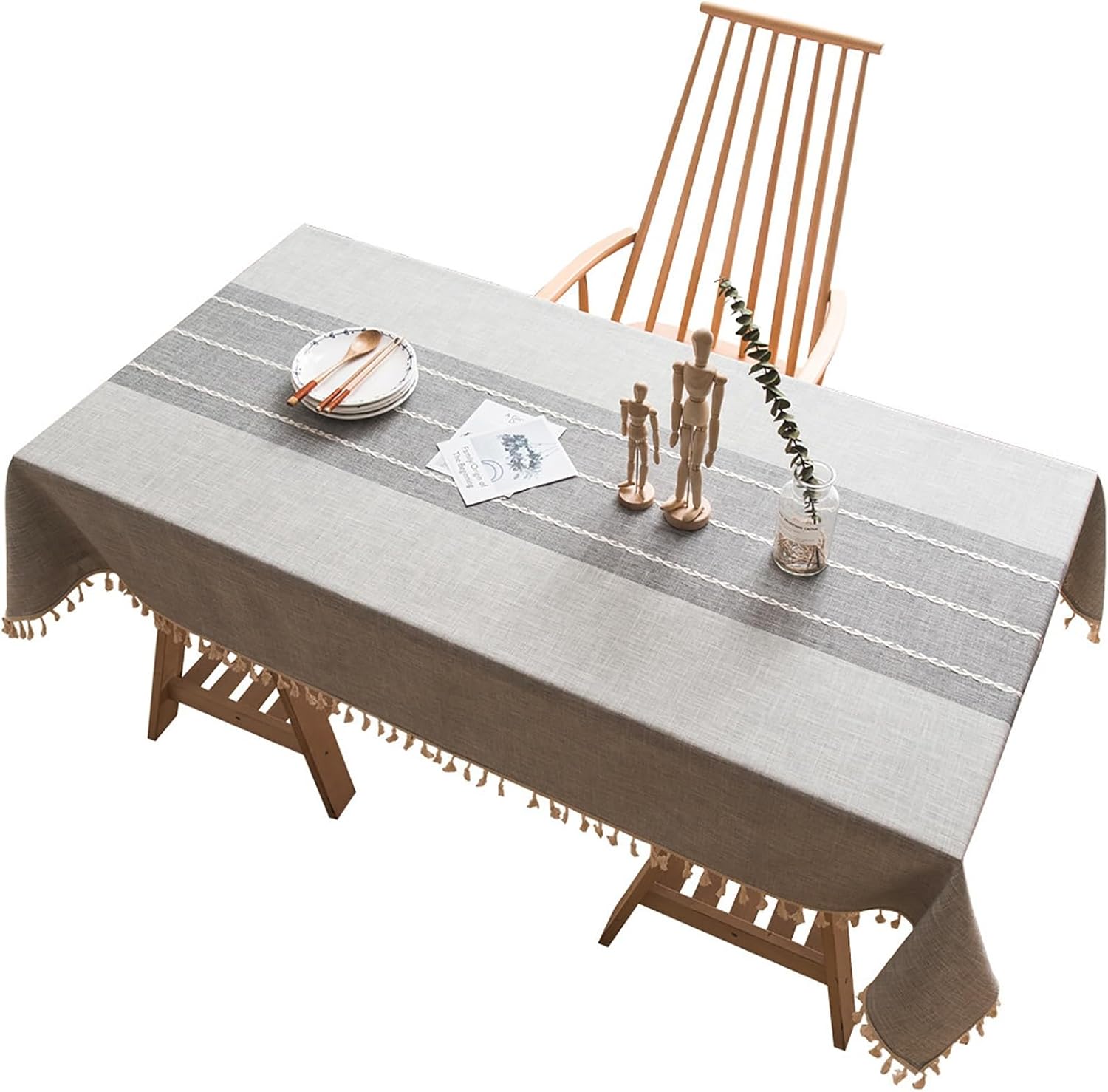 Cotton Linen Wrinkle Tablecloth, with Tassel Edges Design, Reinforced Hem and Soft and Delicate, Rustic Decorative Table Cover, for Dining and Coffee Tables(140x220cm/55.1x86.6in)