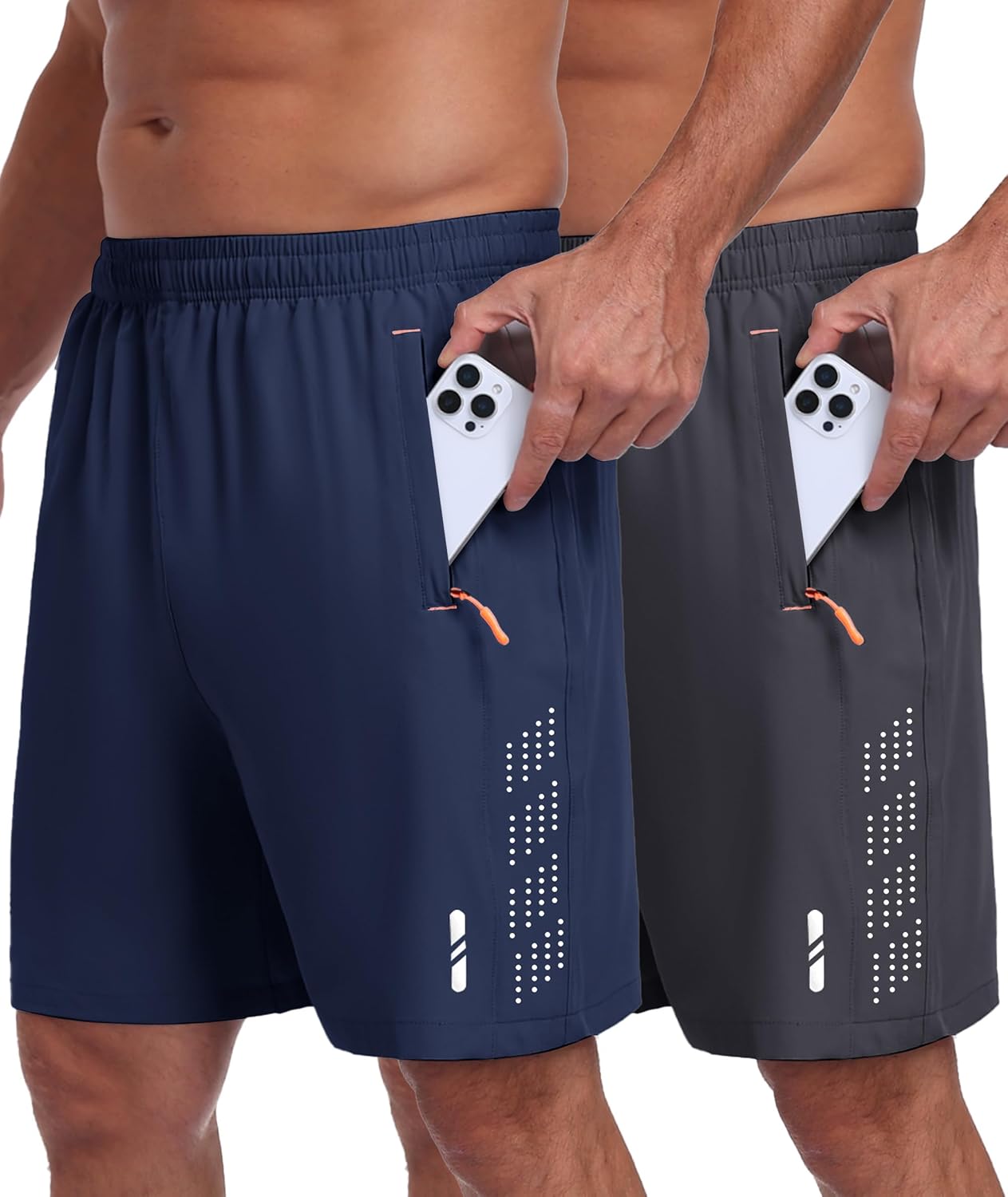 Mens Gym Shorts Quick Dry Athletic Workout Shorts with Zipper Pockets 2 Pack