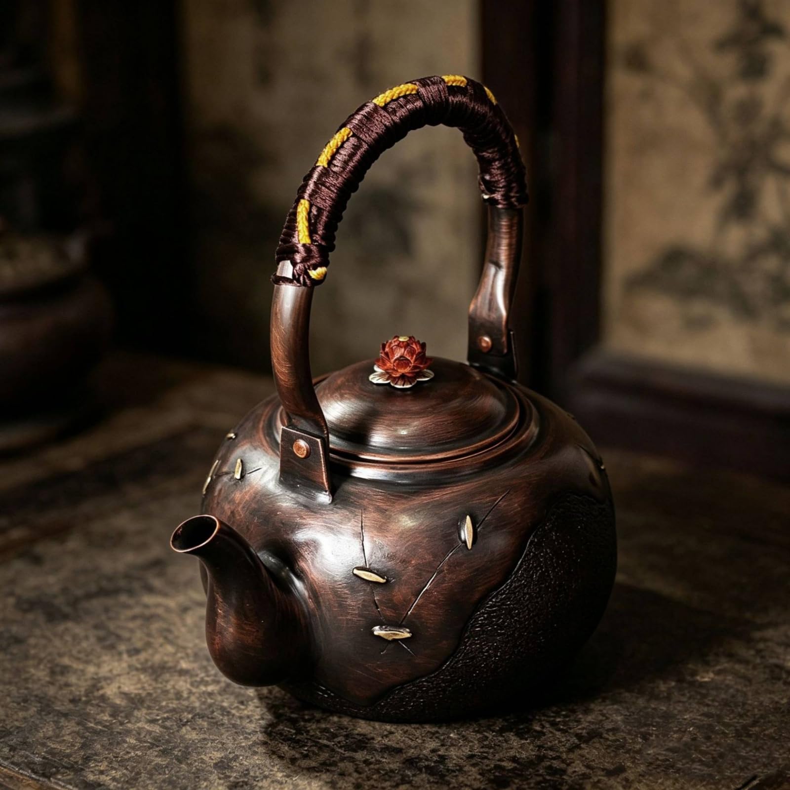 Tetera Cobre y Mango Revestido Cómodo Tetera Artesanal Cobre Portátil Hervidor con Mango para Aficionados Al Té, Cocina Rústica