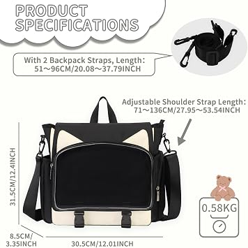 TINYAT Ita Bag Backpack for School Kawaii Pin Display Bag Aesthetic Cat Backpack Anime Cosplay Crossbody Messenger Bags Girls Women Student