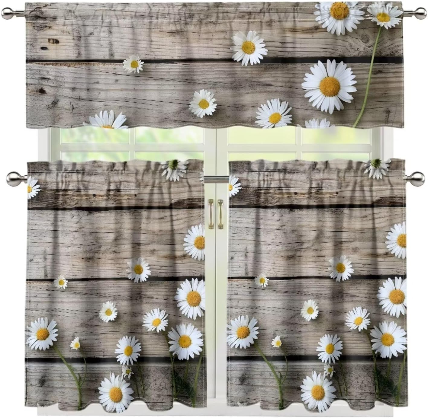 Wood Daisy Kitchen Curtain Valance and Tiers 3 Panel Set Easy to Install Bathroom Window Curtain with Rod Pocket Thicken Room Darkening Window Drapes