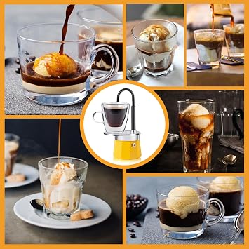Mini Express Swiss Single Tube Moka Pot Aluminum Yellow,Moka Set includes One Double Wall 3oz Cup,Enjoy delicious coffee in no time
