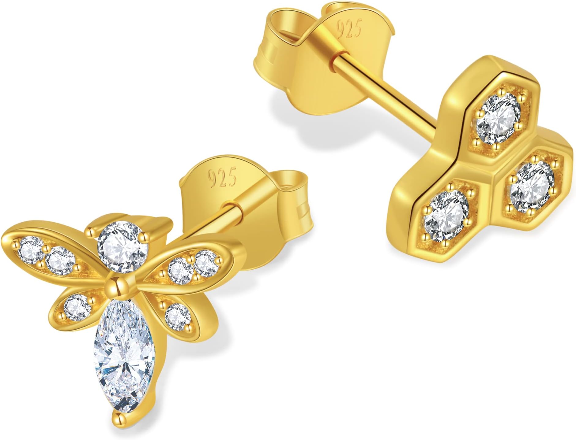 Chic BijouxBee Earrings for Women โ With Round Cubic Zirconia stones and 925 Sterling Silver โ Gift for Her Birthday, Yellow Gold Jewelry (Bee and Honeycomb)