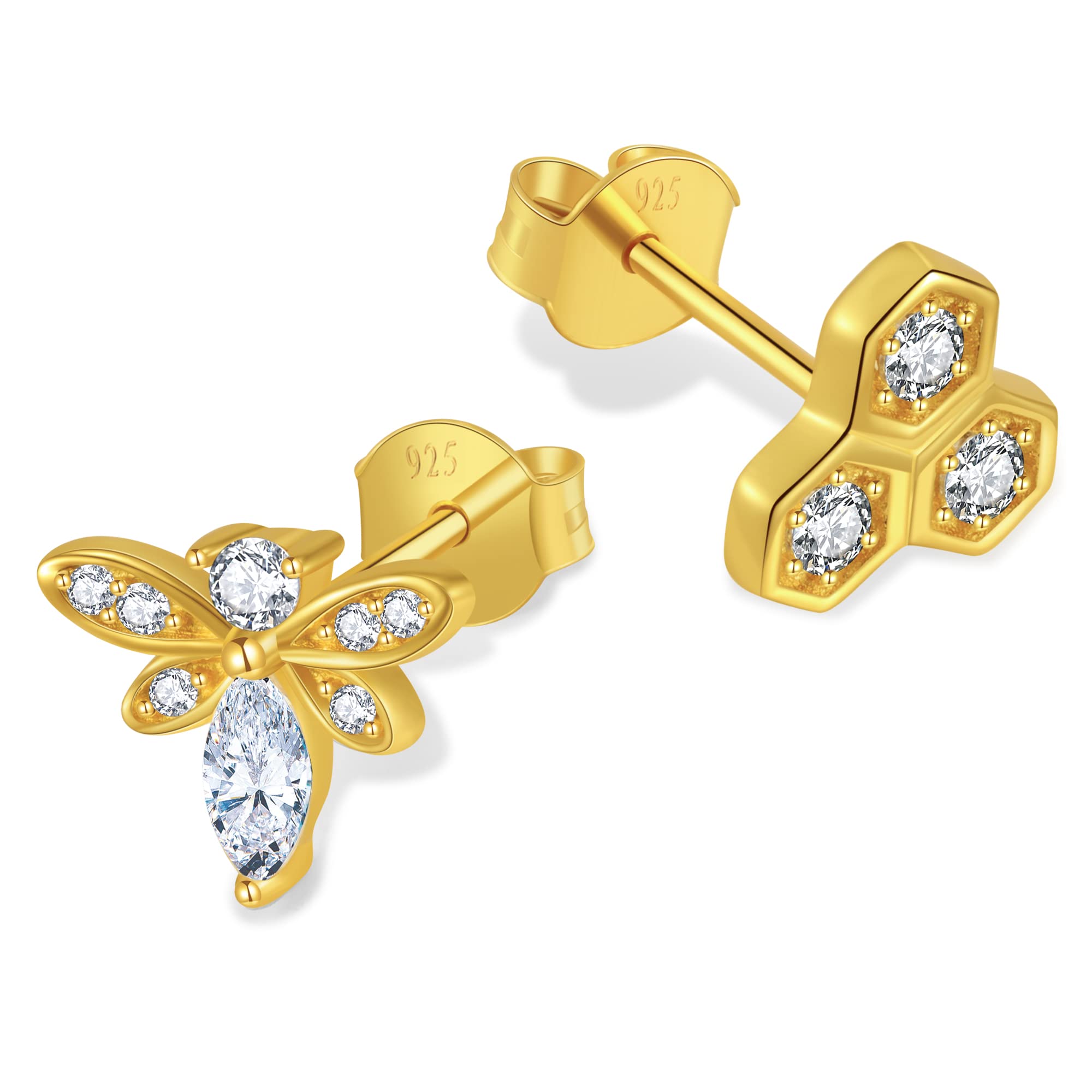 Chic BijouxBee Earrings for Women – With Round Cubic Zirconia stones and 925 Sterling Silver – Gift for Her Birthday, Yellow Gold Jewelry (Bee and Honeycomb)