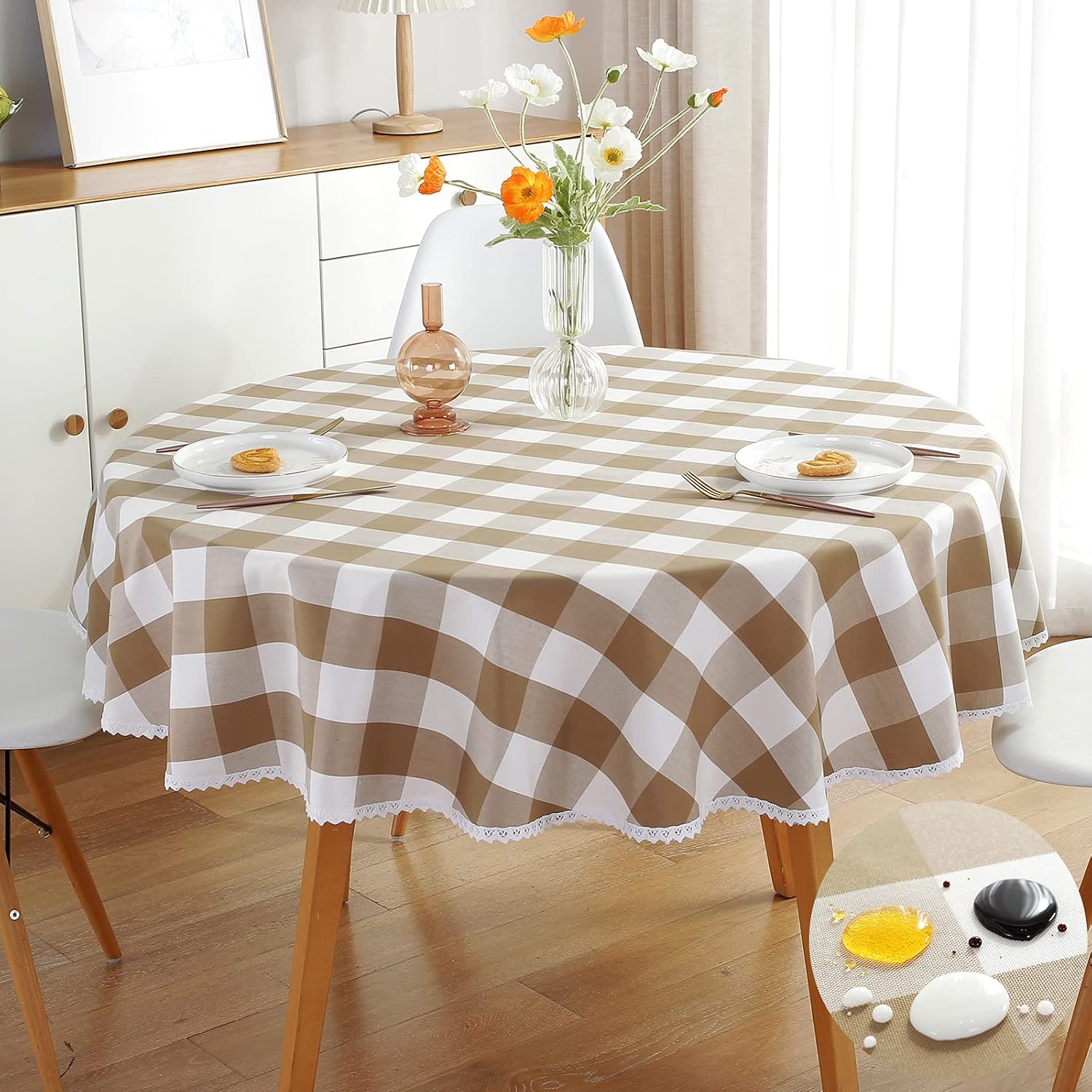 TEWENE Tablecloth, Round Tablecloth Water-Resistant Table Cloth Checkered Tablecloth - Stain-Proof, Wipeable, Washable Table Cover for Outdoor Picnic/Kitchen Dining/Farmhouse, Beige and White 58 Inch