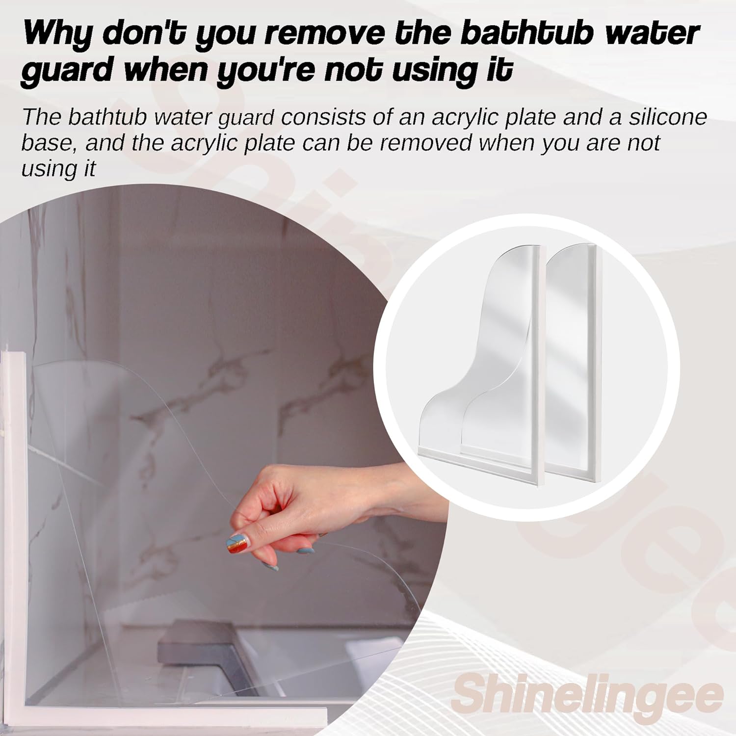 Shineligee 2 Pack Updated Shower Splash Guard, Large Splash Guards for Bathtub, Consists of Silicone Base and Acrylic Plate, Keep Water in Shower or Bath, Shower Corner Splash Guard
