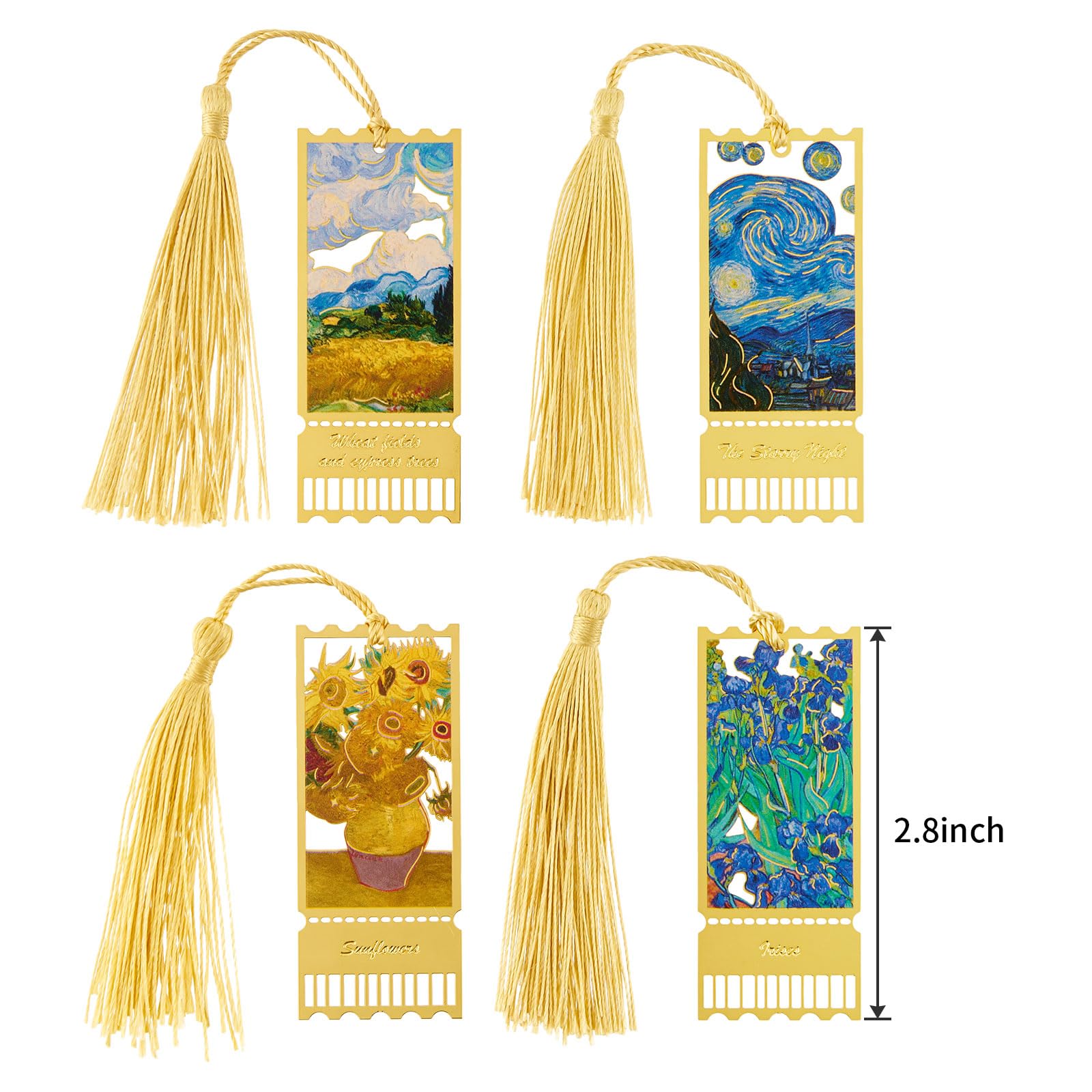 ZOUIQSS Metal Bookmarks with Tassel Golden Hollow Bookmark Van Gogh Oil Painting Theme Book Mark Bookmarks for Book Lovers Writers Readers Men Women,4 Pieces,Style1 - Image 2