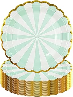 50PCS Green Birthday Party Plates, Disposable Dessert Plates, Scalloped Gold Foil Edge Dinnerware Party Supplies for Birthday Weddings Parties