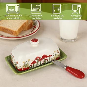 Green Butter Dish with Lid, 7.5*4.2 in Ceramic Butter Dish with Lid, Butter Keeper with Mini Red Butter Knife, Cute Mushroom Butter Storage Dish Covered for Home, Kitchen, Keeping Butter