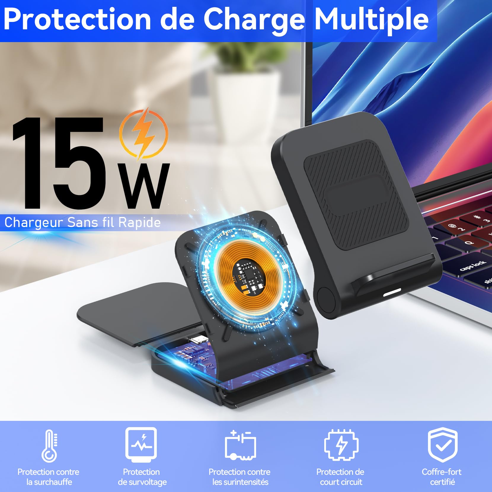 Geyo Chargeur Induction pour Samsung Galaxy Z Flip, 15W Rapide Chargeur sans Fil pour Samsung Galaxy Z Flip 6/Z Flip 5/Z Flip 4/Z Flip 3 (Non Pliable) avec Adaptateur