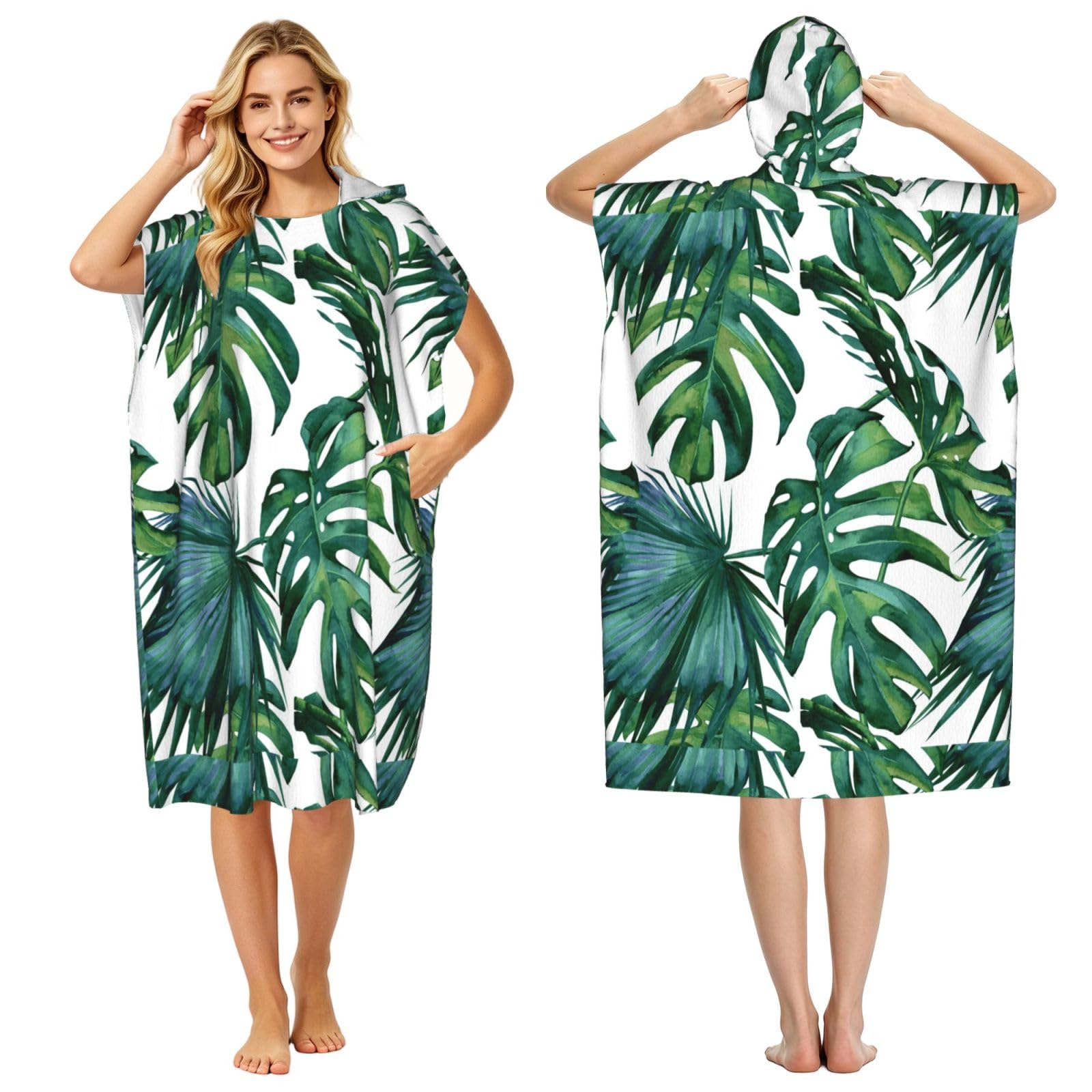 Poadnly Tropical Palm Leaves, Adult Hooded Beach Towel 90 x 110 cm,Changing Bath Robe, Surf Poncho Towel For Women Men