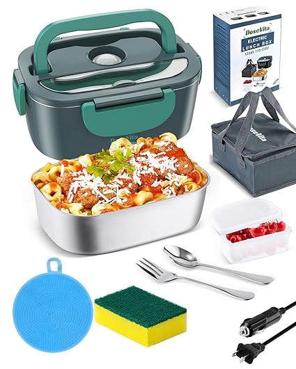 [2022 Upgrade] Electric Lunch Box 80W Faster Heated Lunch Box Leak-proof 12V 24V 110V-230V 3 in 1 Portable Food Warmer for Car and Home with 304 Stainless Steel Container Spoon & Fork and Carry Bag
