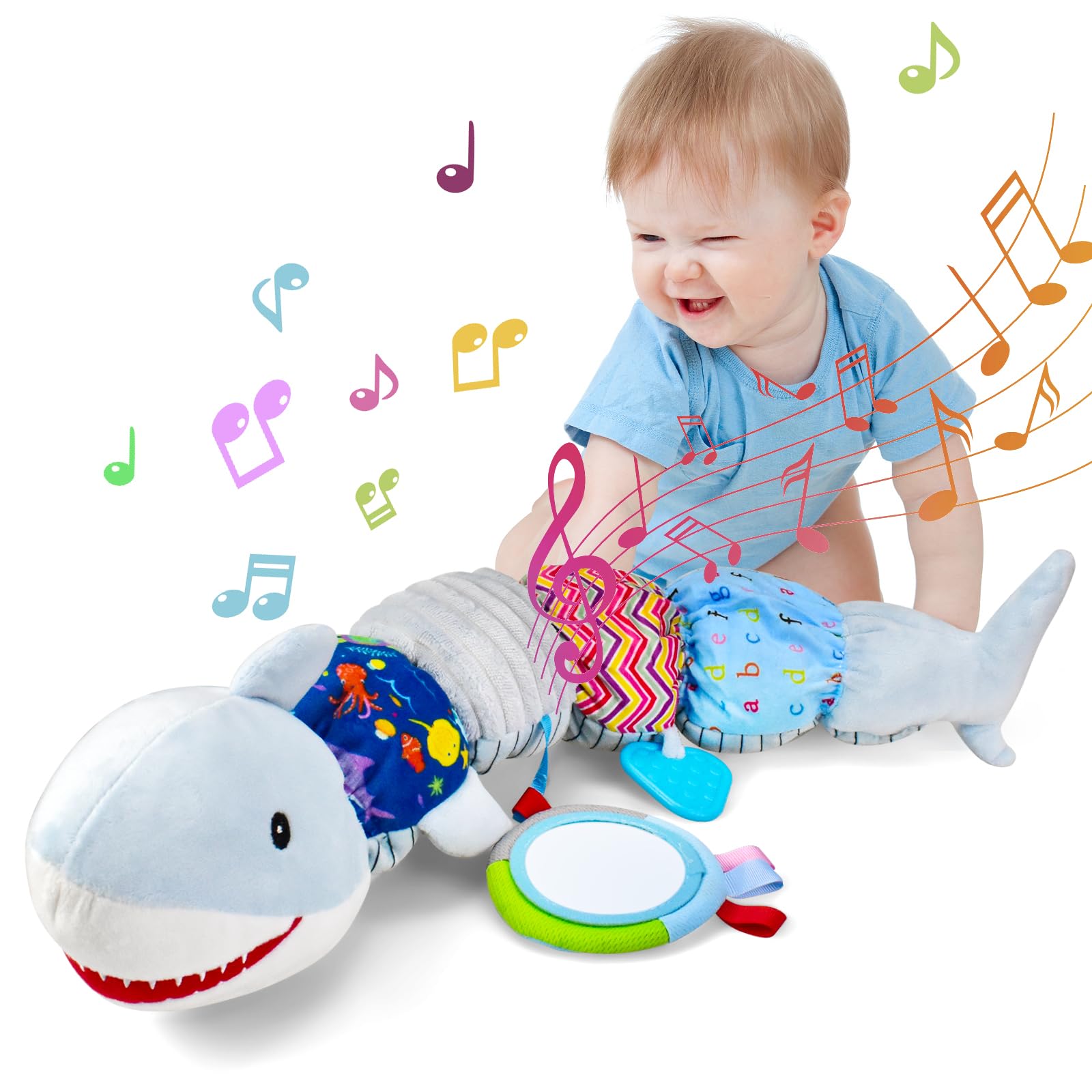 Baby Toys 0 3 6 9 12 Months New Born Baby Boy Girl Gifts, Caterpillar Sensory Musical Toys for 0-6 6-12 Months Old Babies, Tummy Time Toys Newborn Essentials (Shark)