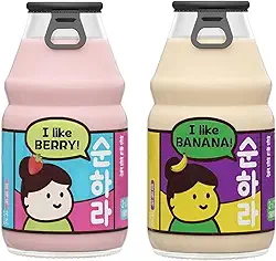 Bebida Leite de Banana ou Morango 230ml Vidro | Bebida Láctea Cremosa | Importada | Sabor Delicioso | Mimos Korea (Kit com 2 (morango e banana))
