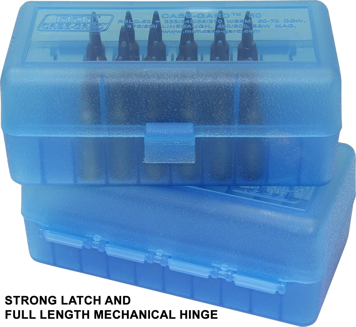 MTM 50 Round Flip-Top Rifle Ammo Box WSSM, 500 S&W (Clear Blue) , 2.46-Inch