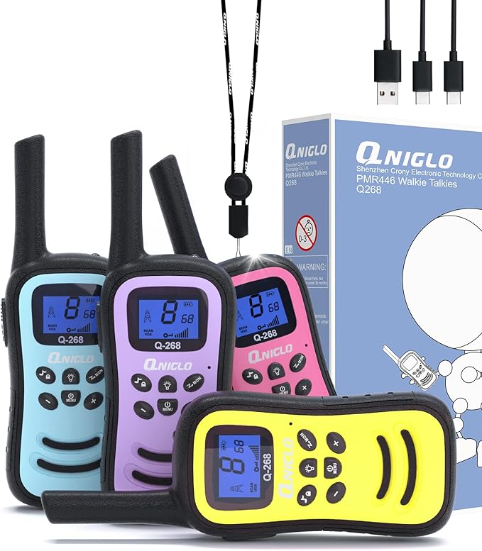 QNIGLO Walkie Talkie Recargable, 4 Unidades Largo Alcance Comunicación Bidireccional 8 Canales Vox Walky Talky, Regalos para niños de 3 a 12 años, Juegos Familiares, Senderismo al Aire Libre, Camping