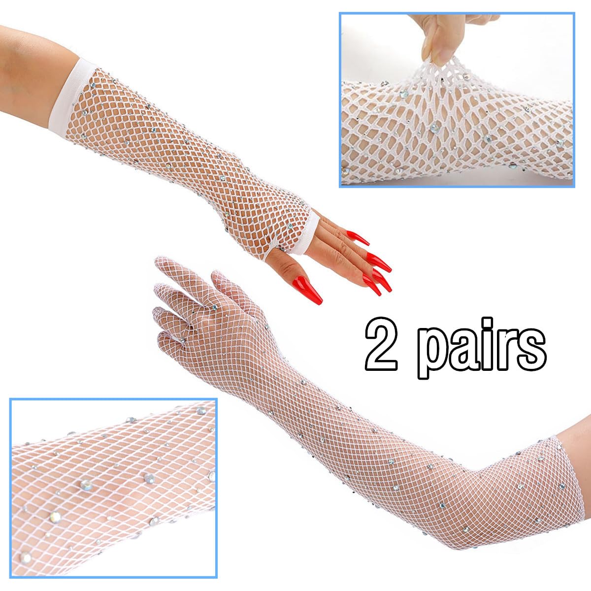 TouKingda Women's Sparkly Mesh Fingerless & Long Fish Net Gloves, 2 works, White, One Size, Rhinestone Embellished - Image 4