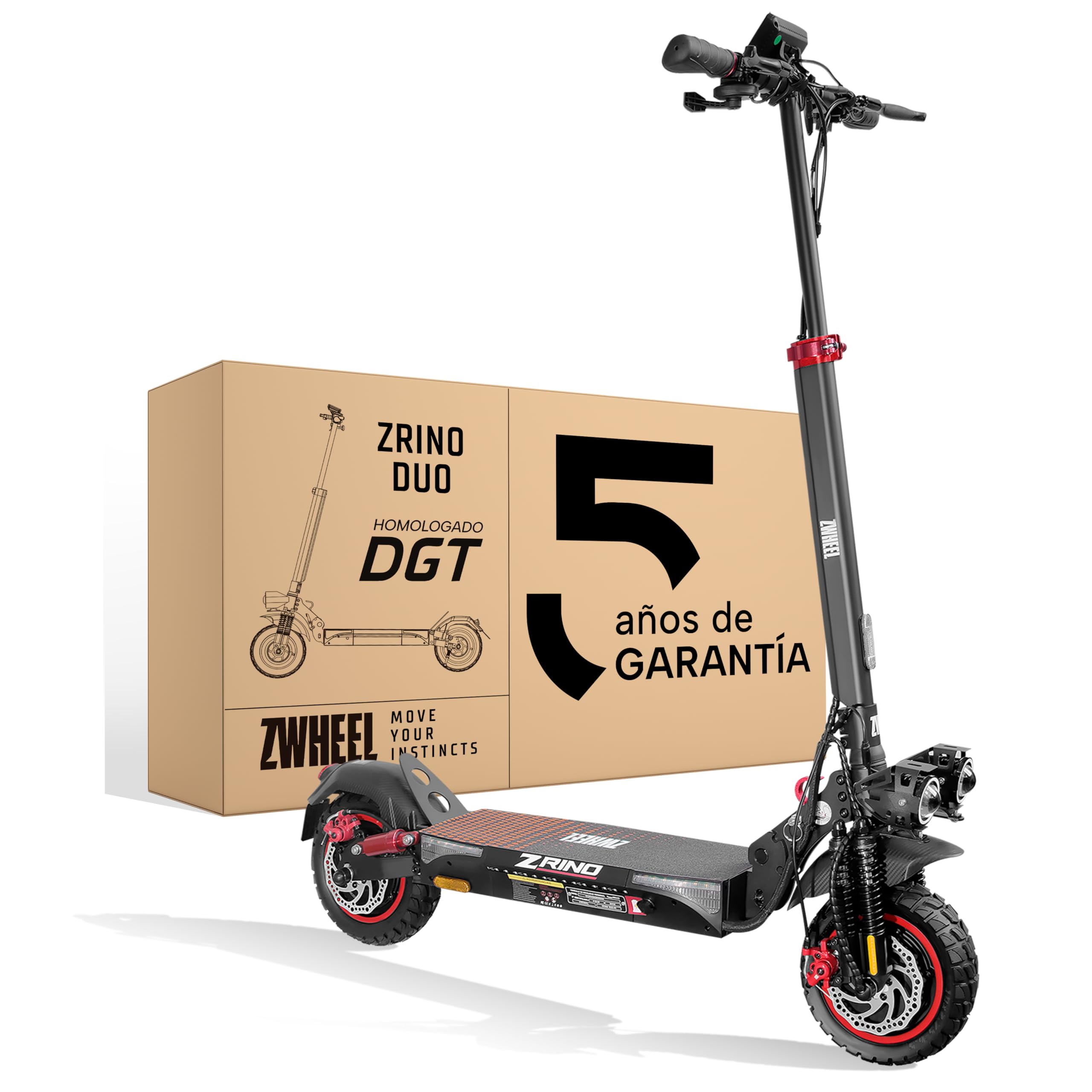 ZWHEEL ZRINO Patinete Eléctrico Adultos Homologado DGT - 600W-1200W MAX, 35-70km Autonomía, Doble/Cuádruple Suspensión Hidráulica, IP54, Ruedas 10" Tubeless/Offroad - App