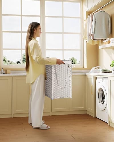 Miniatura 2 de Greenstell Cesta de lavandería con ruedas, no necesita instalación, cestas tejidas a mano divididas de 90 litros y 2 bolsas extraíbles con forro,