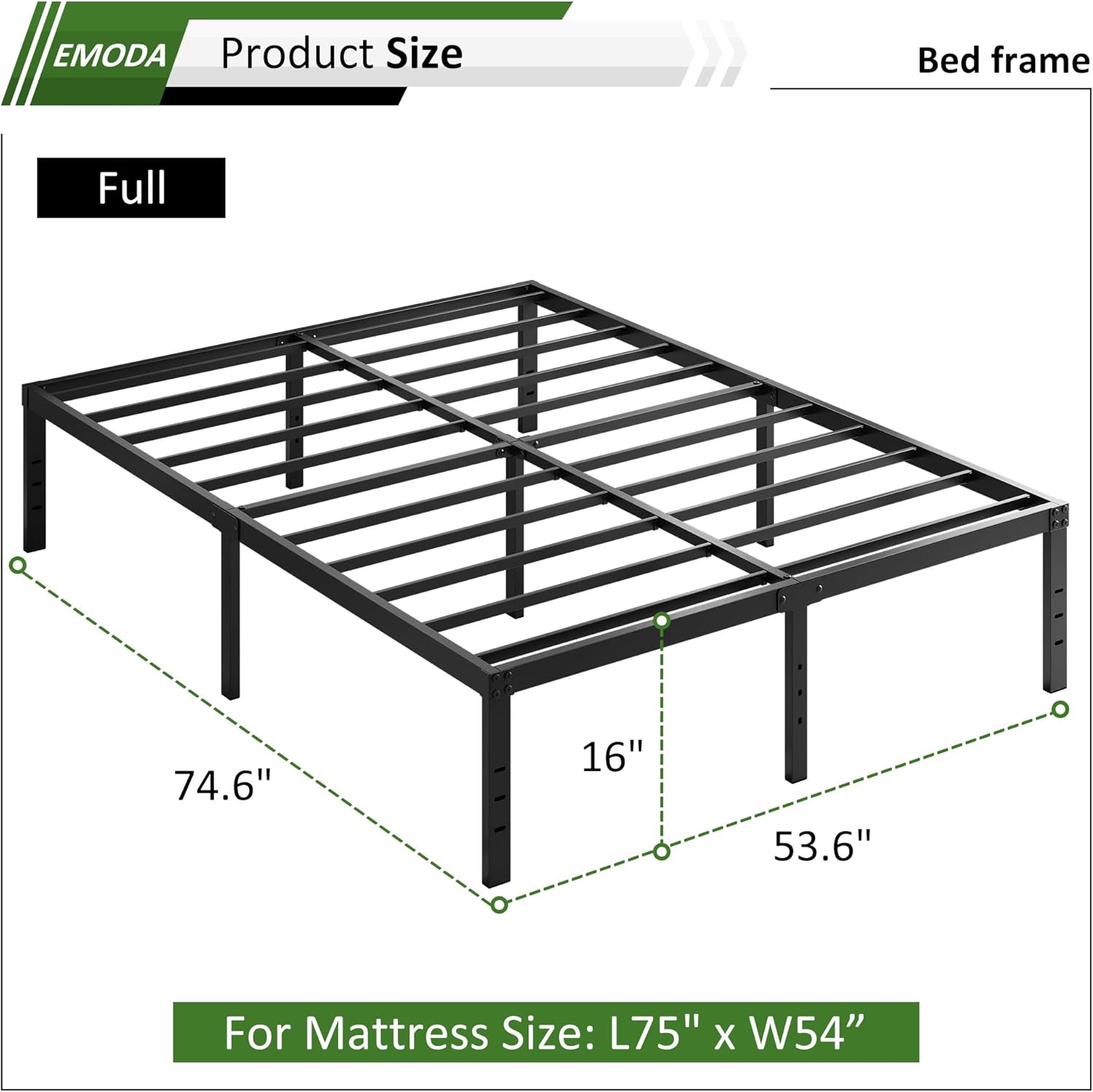 EMODA Full Size Bed Frame 16 Inch Heavy Duty Metal Platform Beds No Box Spring Needed with Sturdy Steel Slats Mattress Foundation, Easy Assembly, Noise Free, Black - Image 3