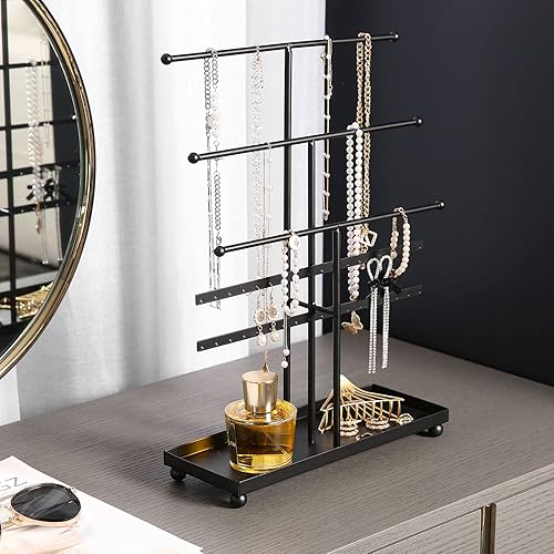 Miniatura 2 de MyGift Moderno soporte organizador de joyas de metal de 3 niveles, exhibición de almacenamiento de joyas negro mate con bandeja para anillos, 18