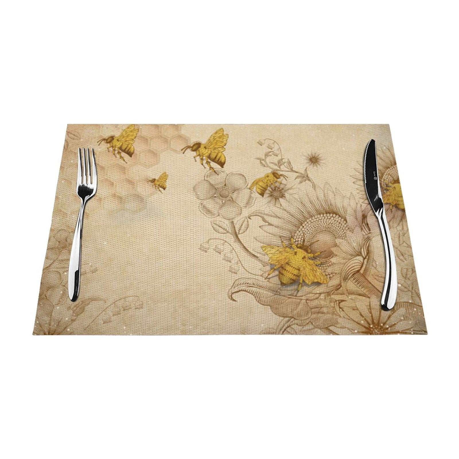 PVC Placemat Set of 4 PCS, 45x30 CM, Rural Honey Bees Wildflowers Printed Non-Slip Heat Resistant Place Mats for Kitchen Dining Table Indoor Outdoor
