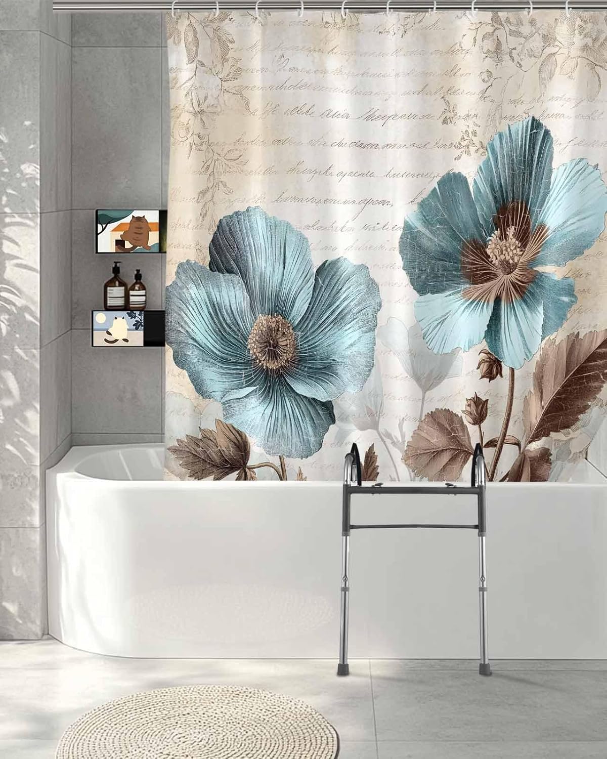 Teal Spring Floral Split Shower Curtain for Transfer Bench, Vintage Botanical 72 Inch Shower Curtains for Bathroom/Tub, Summer Tulip Waterproof Fabric Shower Curtain Set, 72 W x 72 H