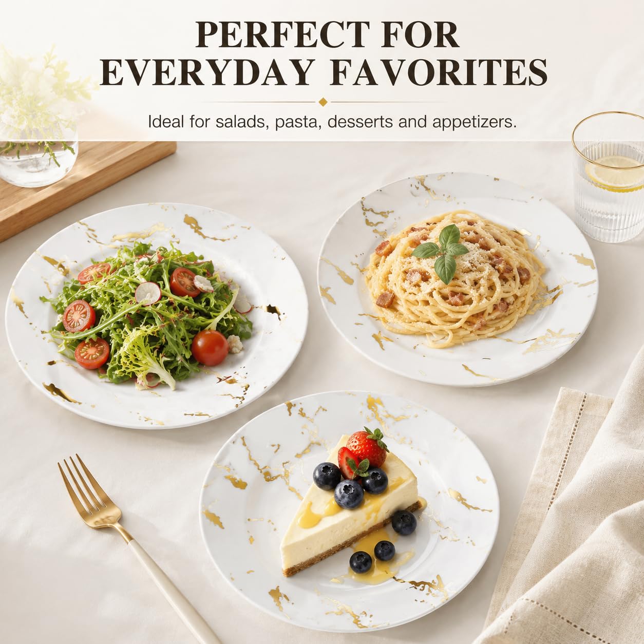 Weiße und goldene Keramikteller, 20,3 cm, 6 Stück, Vorspeisenteller aus Keramik für Abendessen/Salat, elegantes Marmor-Teller-Set für Hochzeit, Party, Essen