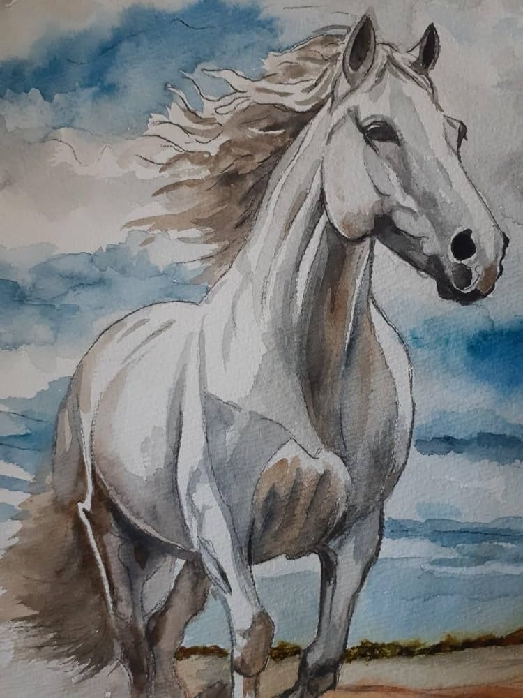 水彩画　馬　草原　白馬　絵画　馬の絵　美術　インテリア 馬の絵 白馬 絵画 原画 現代アート ハンドメイド アートパネル