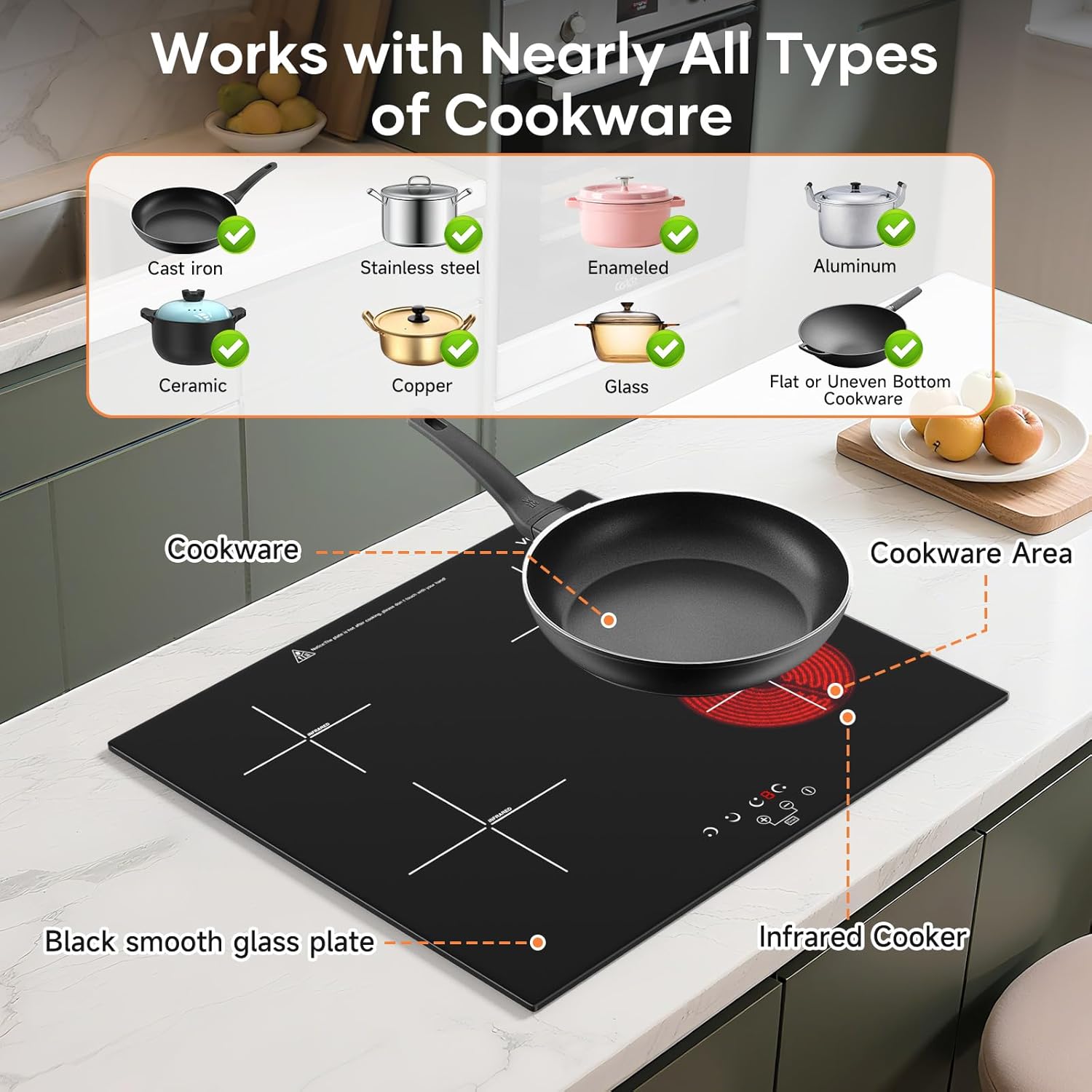 24" Electric Ceramic Radiant Cooktop, 6000W Built-in 4 Burner Stove Top with 9 Heat Levels, Timer & Child Safety Lock, Hard-Wearing Glass Surface (220–240V)