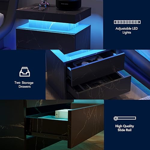 Miniatura 37 de Mesitas de noche LED, mesa auxiliar moderna con 2 cajones, muebles de dormitorio LED para dormitorio y sala de estar, gris 2-Gris,Gris,Negro,negro,