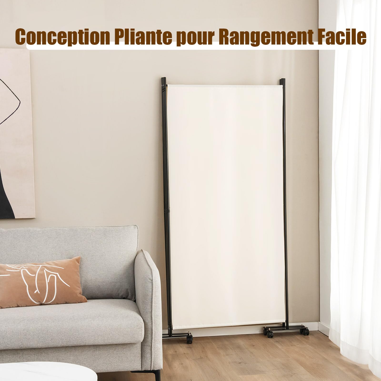 GIANTEX Paravent de séparation de pièce, 262 x 180 cm, avec roulettes, 3 pièces, Pliable, en Tissu, en Fer, séparateur Mural privé pour Chambre à Coucher, Bureau (Beige)