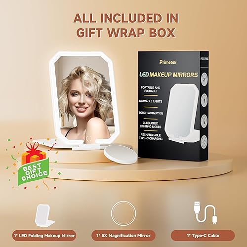 Miniatura 3 de PRIMETEK Espejo portátil de maquillaje de viaje de 10 pulgadas con luces, espejo cosmético recargable con iluminación LED, 3 modos de iluminación de