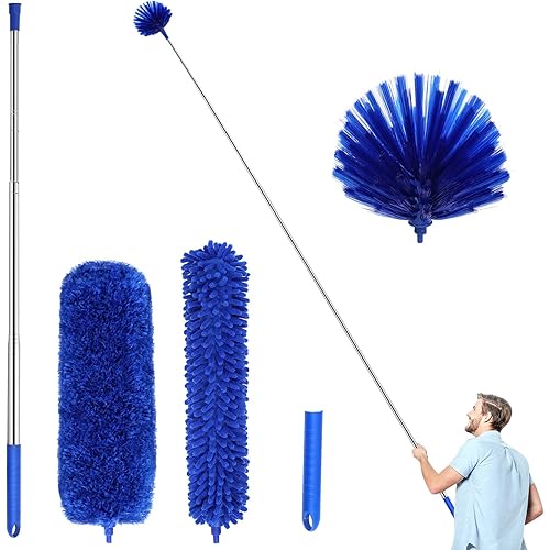 Microfiber Dusters w 2 Handle Sets, Durable 15~100 Inchs Long Telescopic Rod, Washable, Feather Dusters for Cleaning Cobweb, Ceilings Fans (5 Pack)……