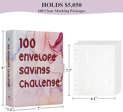 Miniatura 2 de Hiwhy Carpeta de desafío de ahorro de 100 sobres, carpeta de presupuesto de cuero para planificar y ahorrar $5050, planificador de ahorro diario,