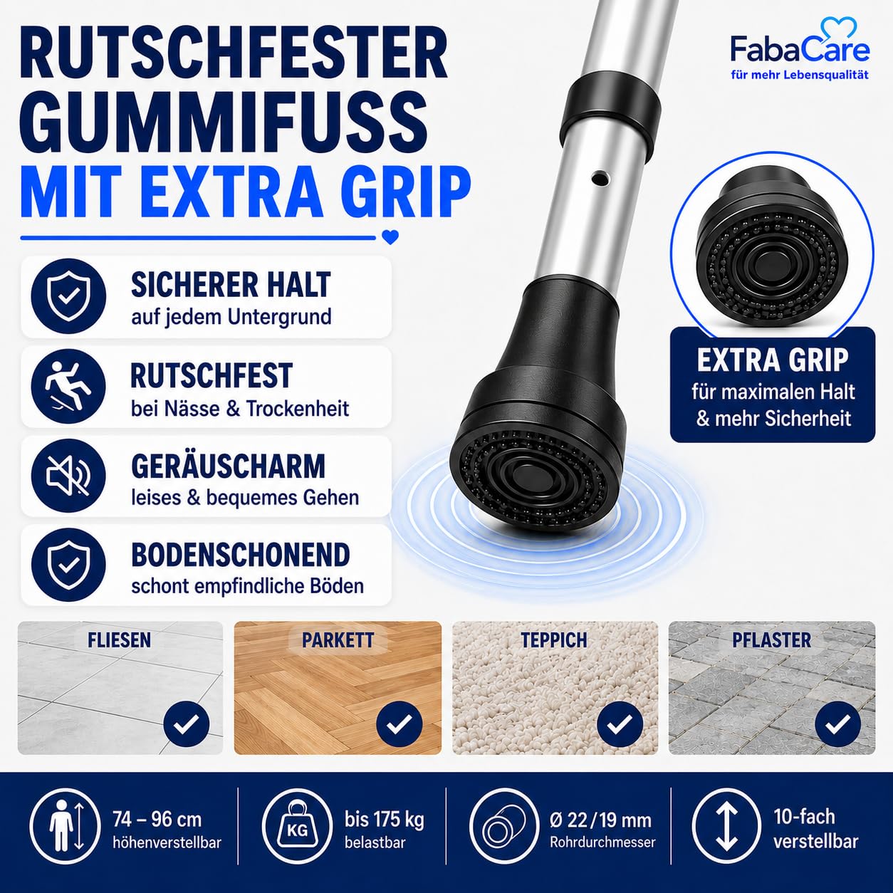 FabaCare Gehstock Simplex XXL, Gehstütze mit Fritzgriff, höhenverstellbar, extra leicht, bis 175 kg, Silber Eloxiert