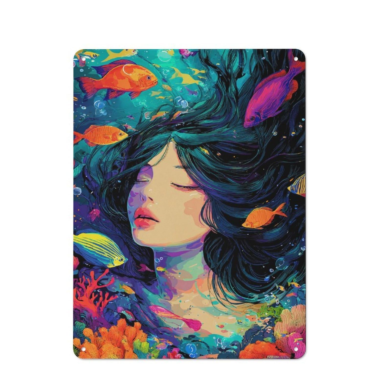 Junmoney Mermaid Dreams Underwater Fantasy Vintage Tin Wall Plaque 40X30cm For Studio Or Craft Room, For Garage, Workshop And Man Cave Decoration