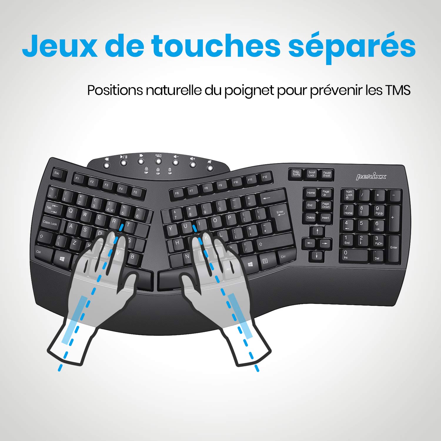 Perixx PERIBOARD-612, gran teclado ergonómico inalámbrico, conexión de 2,4 GHz y Bluetooth 4.0 para Windows y Mac – negro, AZERTY