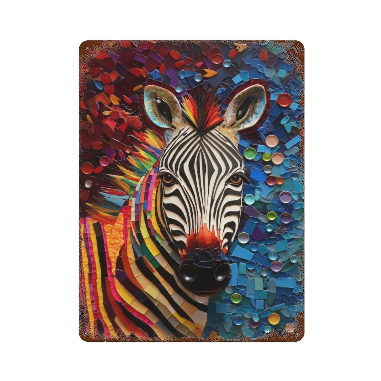 Zebra Mosaic Art 15.7"x11.8" Aged Metal Wall Plaque, Retro Wall Decor for Farmhouse, Kitchen And Entryway Decor