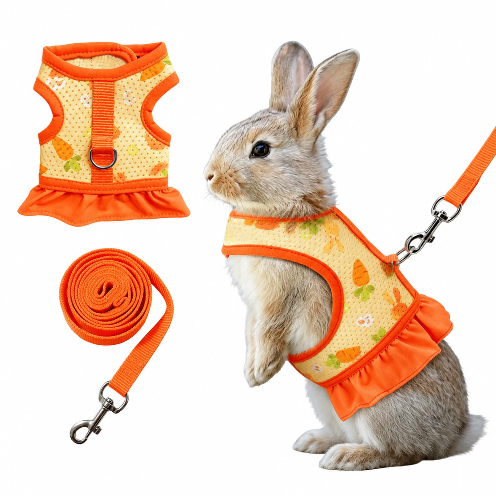 Beyinkoy Rabbit Harness and Leash Set, Breathable Mesh Bunny Vest Harness with Skirt, Adjustable Bunny Escape Proof Vest with Magic Tape Design for Outdoor Walking (Orange, M)